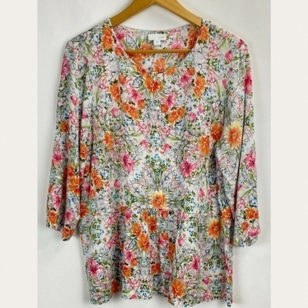 J Jill Orange & Gray Floral Garden 3/4 Sleeve Lightweight Peplum Blouse XS